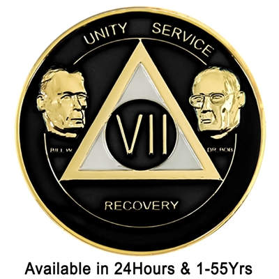 AA Founders - Black & Pearl on Gold Tri-Plate Medallion | $14.00 | Features: Alcoholics Anonymous founders Bill W and Dr Bob