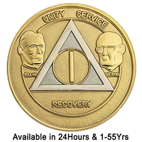 AA Founders - Gold & Silver Bi-Plate Anniversary Medallion | $14.00 | Features: Alcoholics Anonymous founders Bill W and Dr Bob