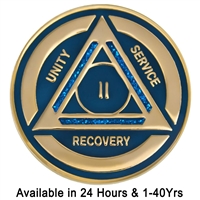 AA Sobriety Chip | Blue with Blue Sparkle on Gold Tri-Plate Anniversary Medallion | Recovery Emporium Design | $14.00