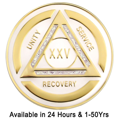 AA Chip | White and Iridescent Sparkle on Gold Tri-Plate Anniversary Medallion | Recovery Emporium Design | $14.00