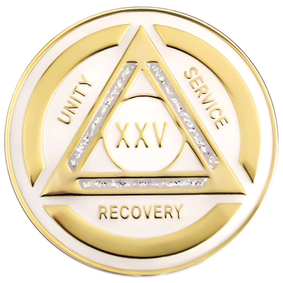 White and iridescent sparkle on gold AA sobriety coin front design - 25 year