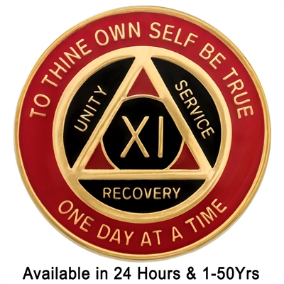 AA Chip | Red & Black on Gold Tri-Plate Anniversary Medallion | Recovery Emporium Design | Price $14.00