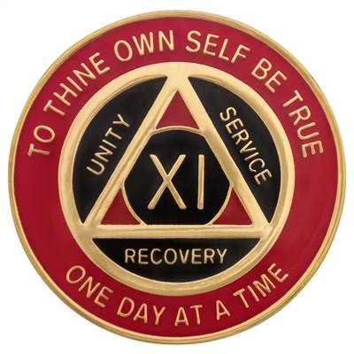 Red and black on gold AA sobriety coin front design - 11 years