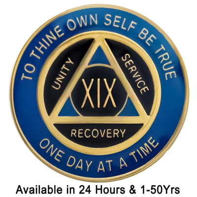 AA Chip | Blue & Black on Gold Tri-Plate Anniversary Medallion | Recovery Emporium Design | $14.00