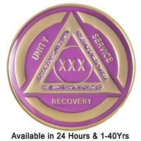 AA Chip | Purple and Purple Sparkle on Gold Tri-Plate Anniversary Medallion | Recovery Emporium Design | $14.00
