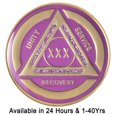 AA Chip | Purple and Purple Sparkle on Gold Tri-Plate Anniversary Medallion | Recovery Emporium Design | $14.00