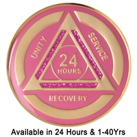 AA Chip | Pink and Pink Sparkle on Gold Tri-Plate Anniversary Medallion | Recovery Emporium Design | $14.00
