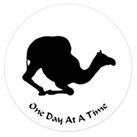 One Day At A Time - Kneeling Camel  - 2" Diameter Black and White Sticker