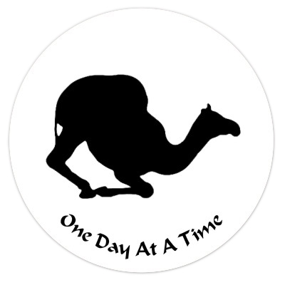 One Day At A Time - Kneeling Camel  - 2" Diameter Black and White Sticker