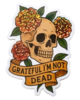 4" x 3" Die Cut Glitter Sticker - Scull with glittery roses and Grateful I'm Not Dead ribbon