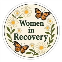 Women in Recovery 2-inch round sticker with daisies and butterflies in a matte waterproof vinyl design.