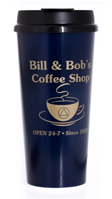A 20 oz. Blue Travel Mug with Gold Writing - Bill & Bob's Coffee Shop Mug