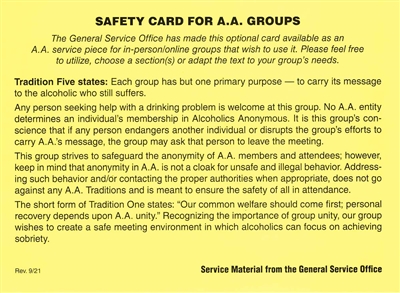 5.5" X 7.5" - AA Safety Card - Yellow Card