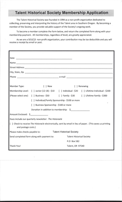 Downloadable Talent Historical Society Membership Application