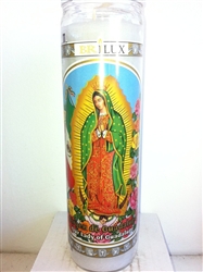 OUR LADY OF GUADALUPE (VIRGEN DE GUADALUPE) UNSCENTED WHITE PILLAR CANDLE IN GLASS