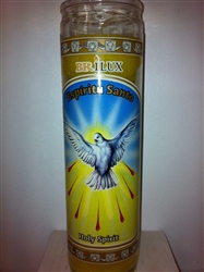 HOLY SPIRIT UNSCENTED YELLOW PILLAR CANDLE IN GLASS (ESPIRITU SANTO)