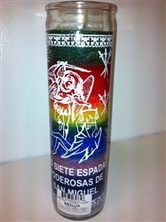 7 SWORDS 7 COLOR UNSCENTED SAINT MICHAEL PILLAR CANDLE IN GLASS (SAN MIGUEL VELA)