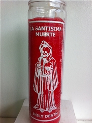 HOLY DEATH UNSCENTED RED PILLAR CANDLE IN GLASS (LA SANTISIMA MUERTE VELA)