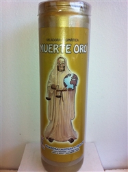 HOLY DEATH GOLD PREPARED SCENTED PILLAR CANDLE IN GLASS (SANTA MUERTE ORO)