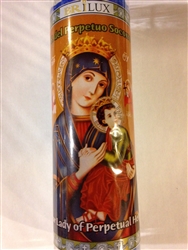 OUR LADY OF PERPETUAL HELP BLUE PILLAR CANDLE IN GLASS (NUESTRA SENORA DEL PERPETUO SOCORRO)