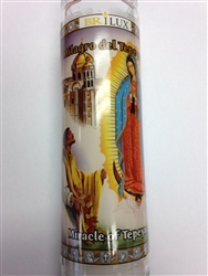 MIRACLE OF TEPEYAC WHITE PILLAR CANDLE IN GLASS (MILAGRO DEL TEPEYAC)