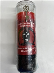 ELIZA'S CUSTOM PREPARED SEVEN DAY SCENTED 2 COLOR (RED OVER BLACK) CANDLE IN GLASS FOR THE ORISHA ELEGUA / ELEGGUA / ESU