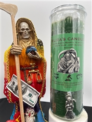 ELIZA'S CUSTOM PREPARED 7 DAY SCENTED GREEN CANDLE IN GLASS FOR  HOLY DEATH (SANTA MUERTE)