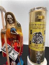 ELIZA'S CUSTOM PREPARED 7 DAY SCENTED WHITE CANDLE IN GLASS FOR  HOLY DEATH (SANTA MUERTE) FOR ABUNDANCE AND MONEY