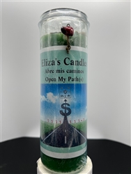 ELIZA'S CUSTOM PREPARED 7 DAY SCENTED GREEN CANDLE IN GLASS FOR OPEN MY PATH(S) (ABRE MIS CAMINOS)