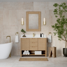 Solene 48" Single Vanity, Seaside Oak, w/ Single Hole 3 CM White Zeus Quartz Top & Backsplash