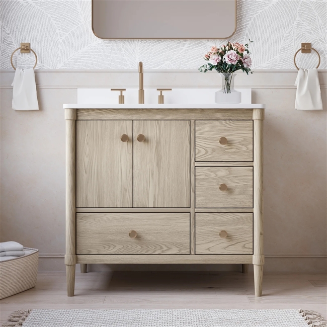 Eathan 36-Inch Freestanding Oak Bathroom Vanity with Carrara White Quartz Top Sink