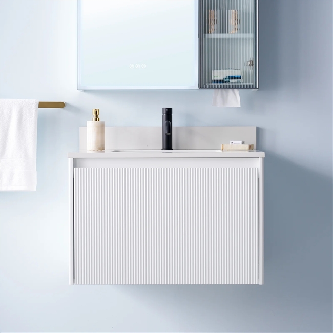 Flora 30 in. Modern Style Floating Bathroom Vanity in White with Quartz/Carrara White Marble Vanity Top