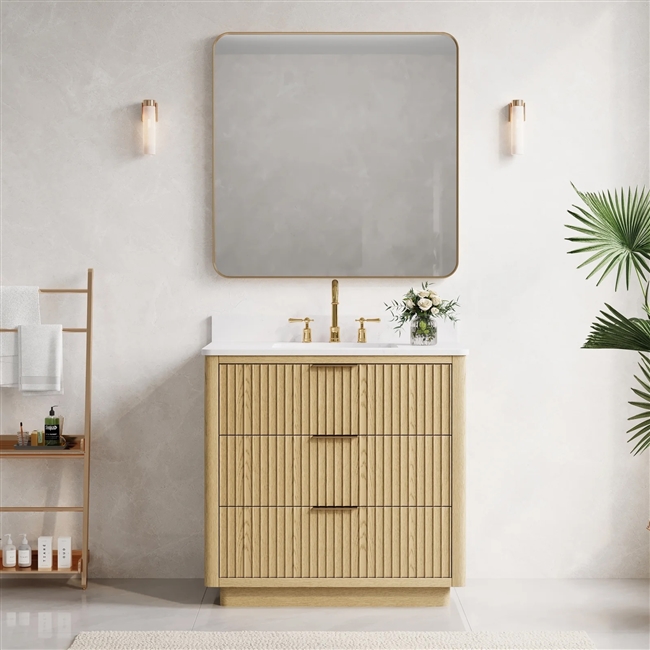 Haven 36 in. Oak Freestanding Solid Wood Bathroom Vanity with Carrara White Quartz Countertop