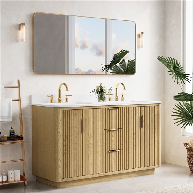 Haven 60 in. Oak Freestanding Solid Wood Bathroom Vanity with Carrara White Quartz Countertop