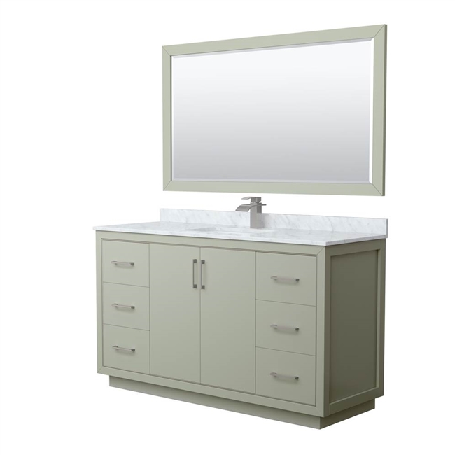 Icon 60" Single Bathroom Vanity in Light Green, White Carrara Marble Countertop, Undermount Square Sink, Brushed Nickel Trims, and No Mirror