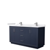 Icon 66" Double Bathroom Vanity in Dark Blue, White Cultured Marble Countertop, Undermount Square Sinks, Brushed Nickel Trims, and No Mirror