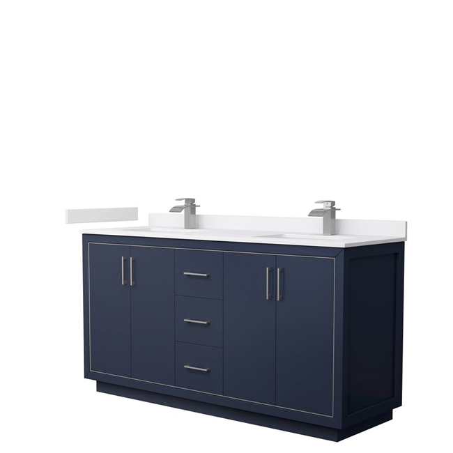 Icon 66" Double Bathroom Vanity in Dark Blue, White Cultured Marble Countertop, Undermount Square Sinks, Brushed Nickel Trims, and No Mirror