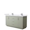 Icon 66" Double Bathroom Vanity in Light Green, White Cultured Marble Countertop, Undermount Square Sinks, Brushed Nickel Trims, and No Mirror