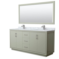 Icon 72" Double Bathroom Vanity in Light Green, White Carrara Marble Countertop, Undermount Square Sinks, Brushed Nickel Trims, and No Mirror