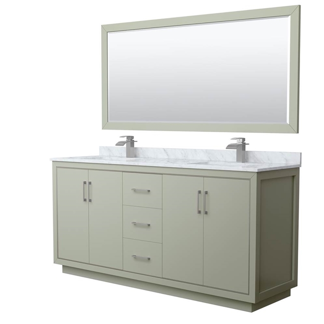 Icon 72" Double Bathroom Vanity in Light Green, White Carrara Marble Countertop, Undermount Square Sinks, Brushed Nickel Trims, and No Mirror