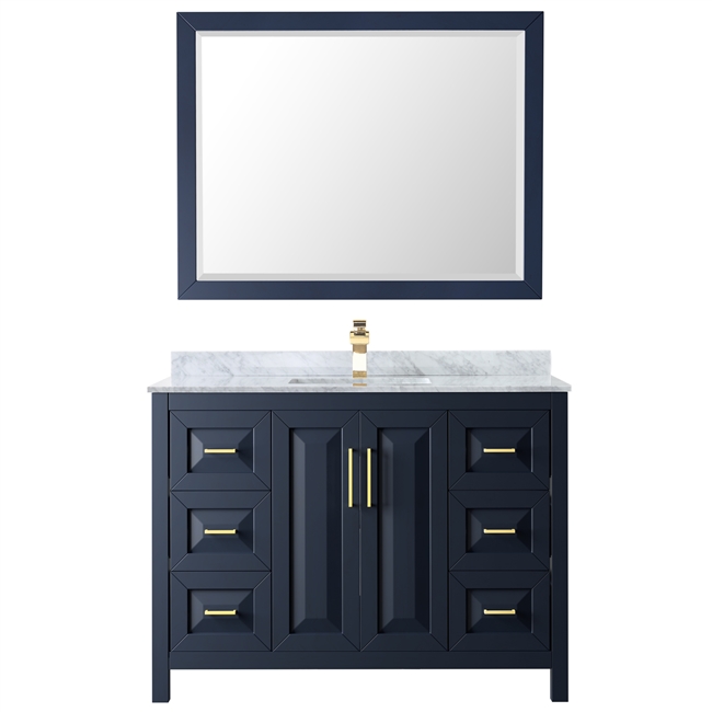 Daria 48" Single Bathroom Vanity in Dark Blue, White Carrara Marble Countertop, Undermount Square Sink, and 46" Mirror