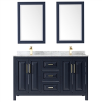 Daria 60" Double Bathroom Vanity in Dark Blue, White Carrara Marble Countertop, Undermount Square Sinks, and No Mirror