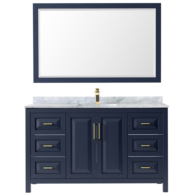 Daria 60" Single Bathroom Vanity in Dark Blue, White Carrara Marble Countertop, Undermount Square Sink, and 58" Mirror