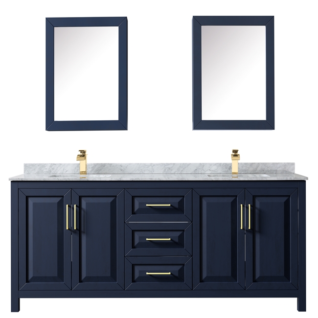 Daria 80" Double Bathroom Vanity in Dark Blue, White Carrara Marble Countertop, Undermount Square Sinks, and No Mirror