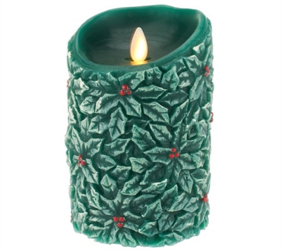 Luminara - Flameless LED Candle - Indoor - Wax - Embossed Forest Green Holly Berry - Unscented - Remote Ready - 3.5" x 5"