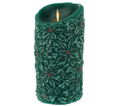 Luminara - Flameless LED Candle - Indoor - Wax - Embossed Forest Green Holly Berry - Unscented - Remote Ready - 3.5" x 7"