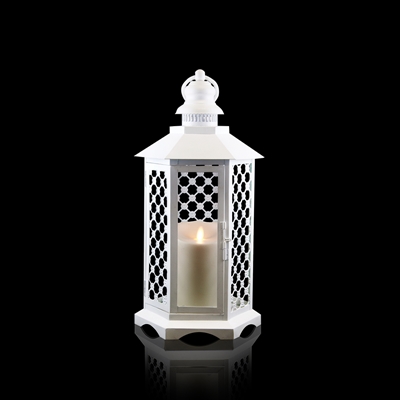 Luminara - Flameless LED Candle Lantern - White Lattice Lantern - 16" Tall - Remote Ready