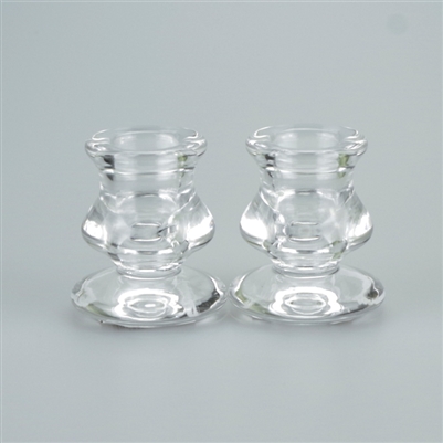 Pair of Clear Glass Taper Candle Holders - Smooth Curves & Edges - 1.95" x 2.3"