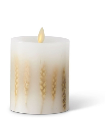 Luminara - Real Flame Effect Pillar Candle - Embedded Wheat Stalks - 3.25-Inches x 4.5-Inches - Unscented White Wax - Indoor - Remote Ready