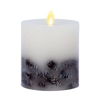Luminara - Embedded Pinecones - Real Flame Effect Pillar Candle - 3.5-Inches x 4.5-Inches - Unscented White Wax - Indoor - Remote Ready